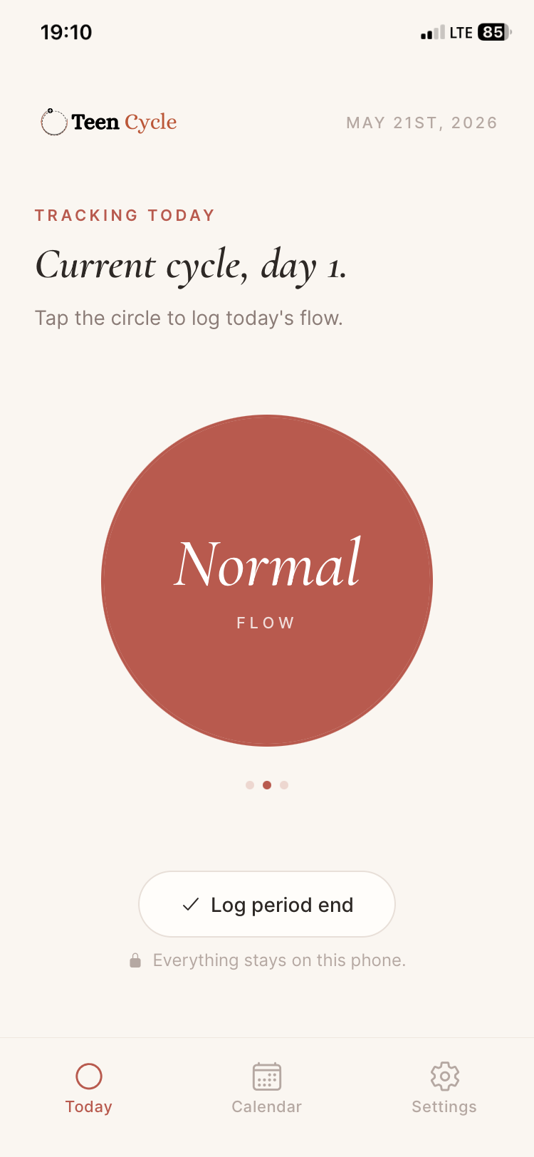 TeenCycle Today screen showing the current cycle with a normal flow logged