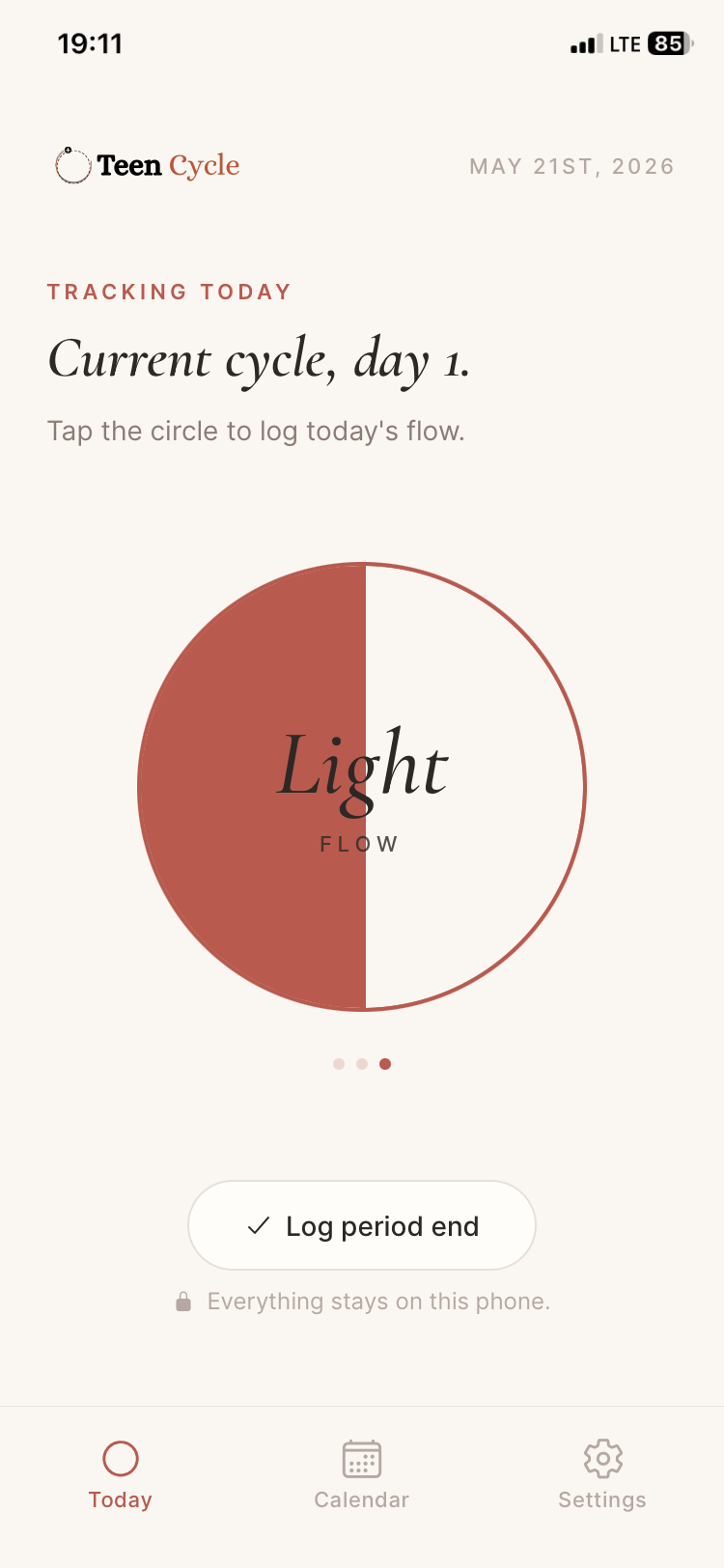 Today screen showing a light flow logged
