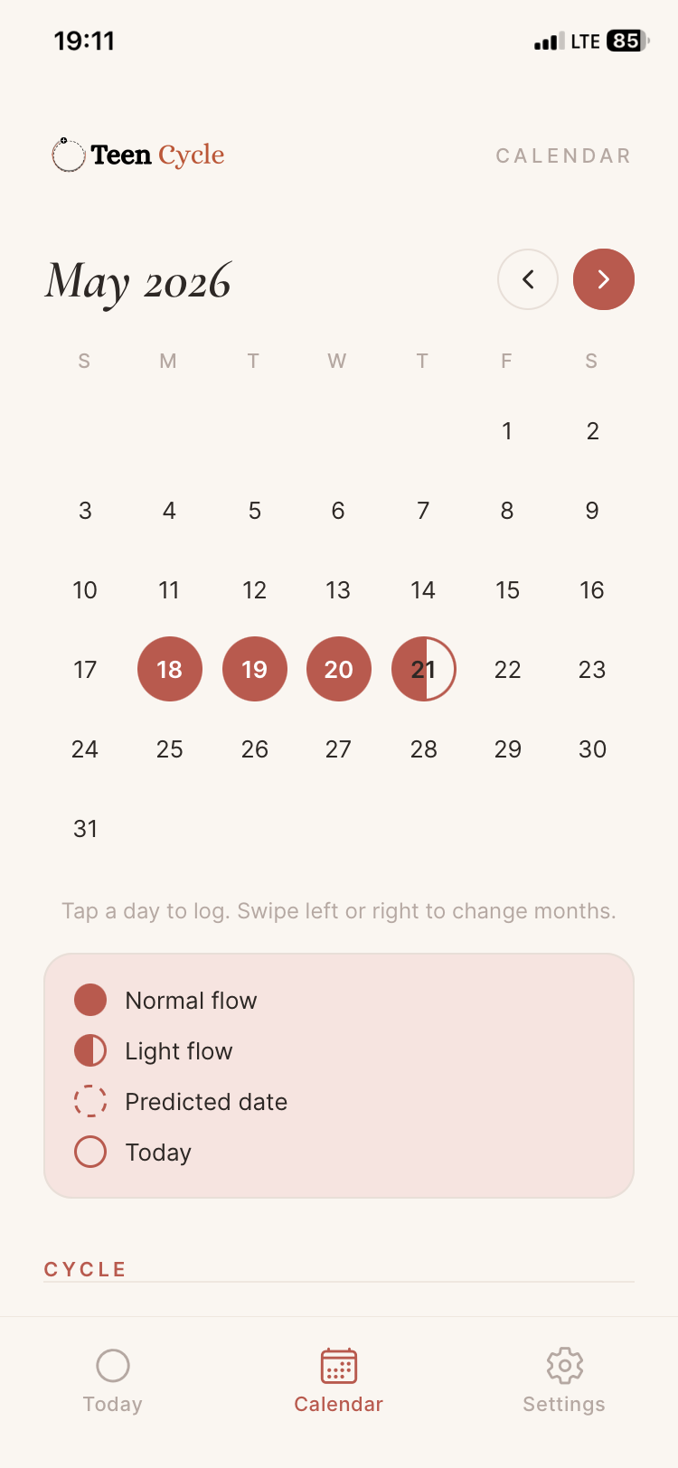 Calendar screen with logged period days