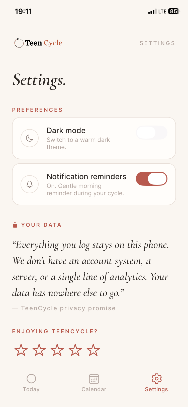Settings and privacy screen