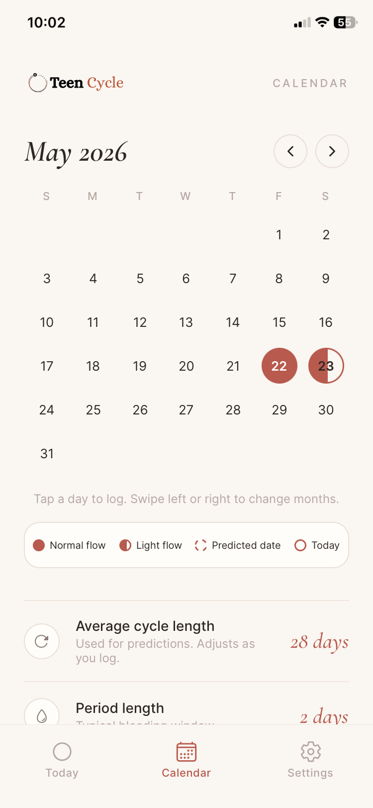 Calendar screen with logged period days