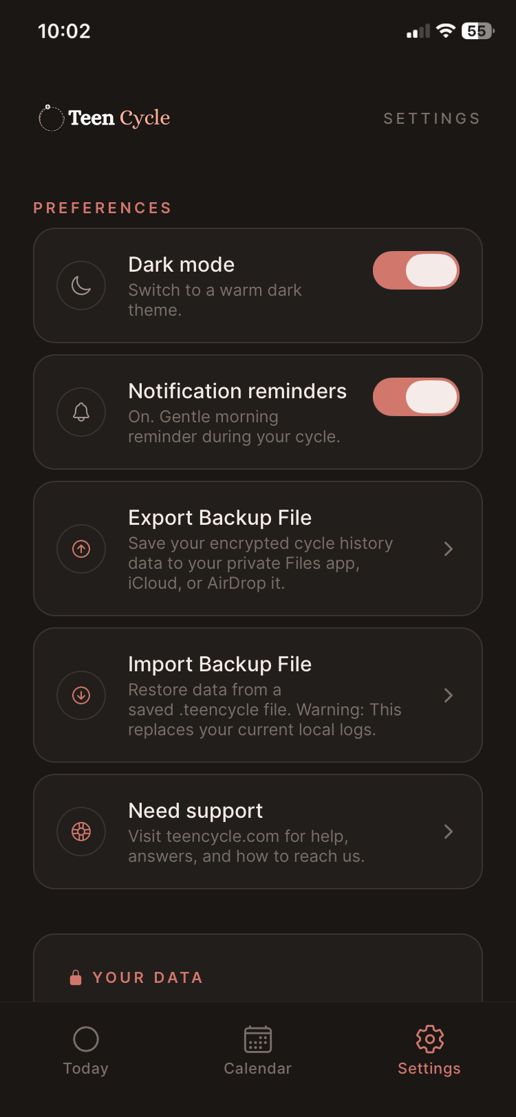 Settings screen in dark mode with dark mode toggled on