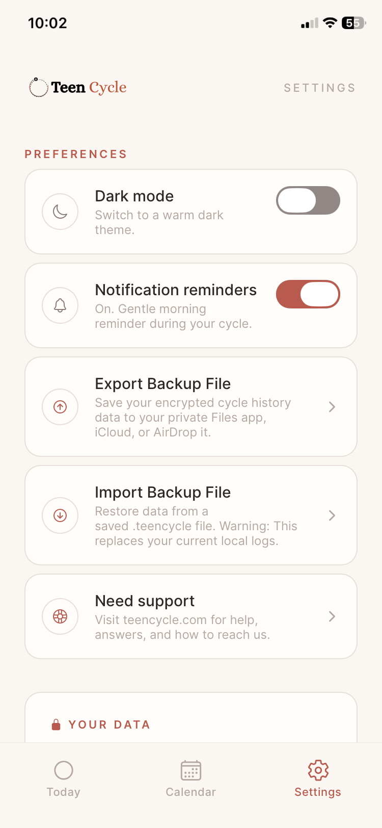 Settings and privacy screen