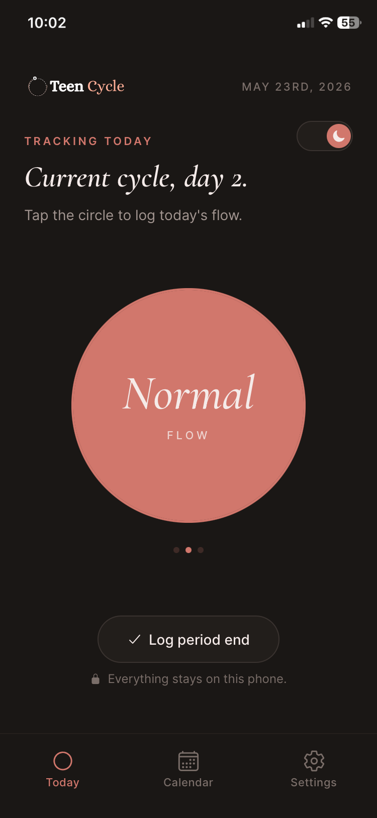 Today screen in dark mode showing a normal flow logged