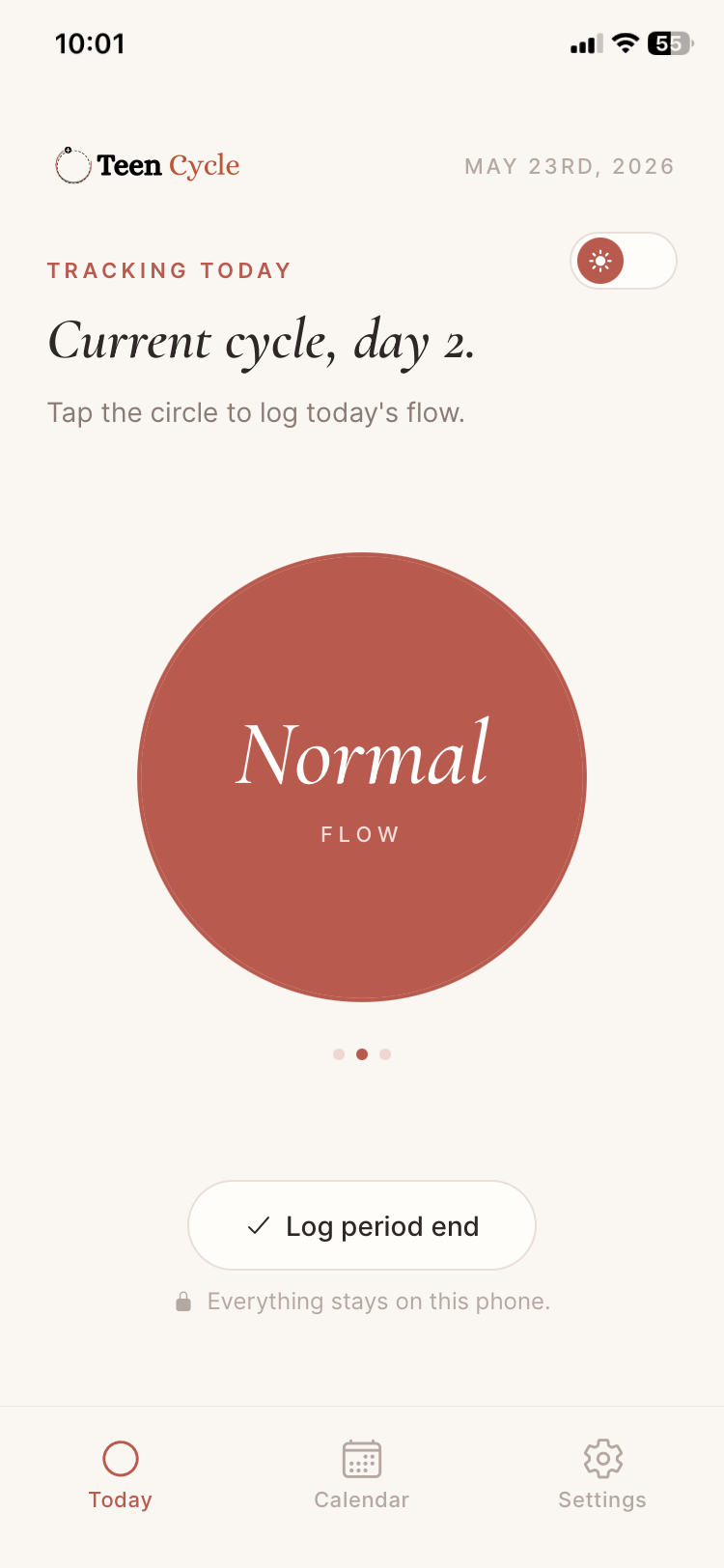 TeenCycle Today screen showing the current cycle with a normal flow logged
