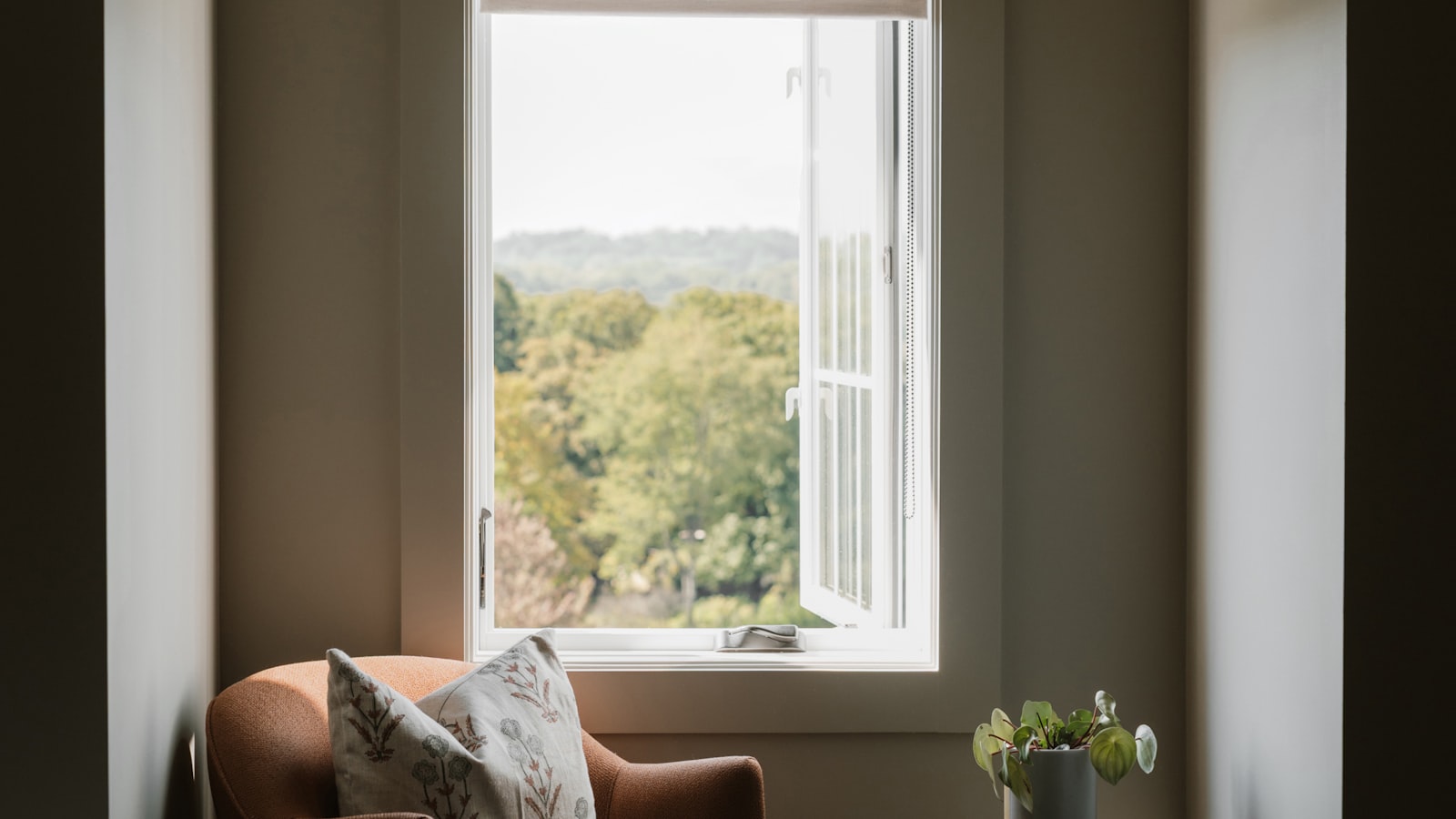 A cozy armchair beside a sunlit window framed by potted plants and quiet morning light.