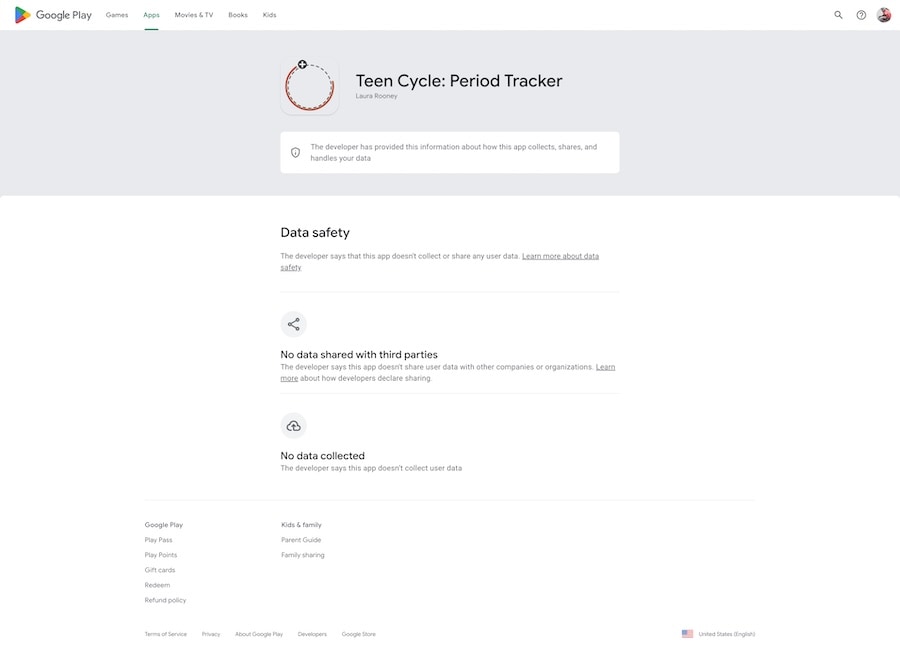 TeenCycle's Google Play data safety page showing no data collected and no data shared.